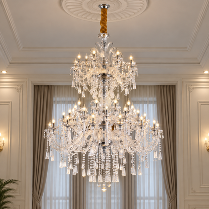 Candelabru Cristal , 55xE14, Diametru 145cm, Inaltime 230cm, Argintiu, Inaltime Reglabila, Design Elegant