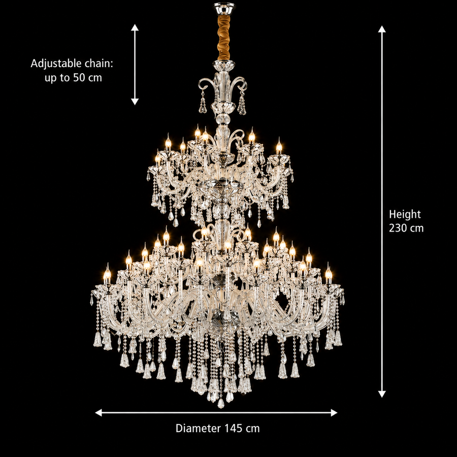 Candelabru Cristal , 55xE14, Diametru 145cm, Inaltime 230cm, Argintiu, Inaltime Reglabila, Design Elegant