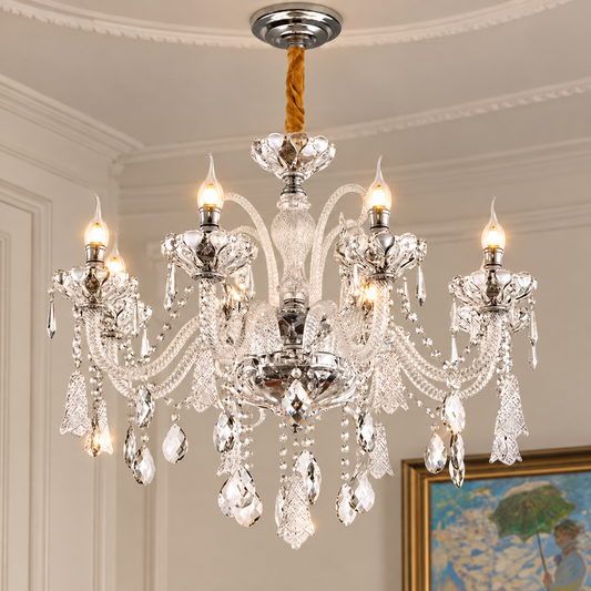 Candelabru Cristal 6xE14, D68cm, Argintiu, Inaltime Reglabila, Metal si Cristal
