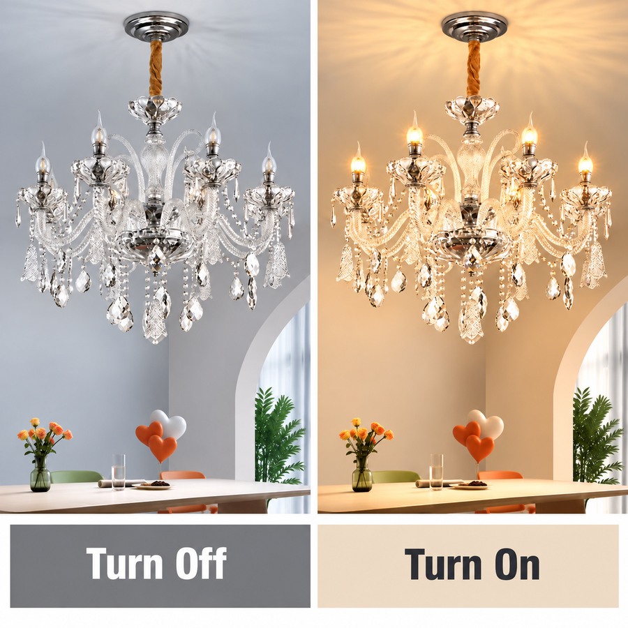 Candelabru Cristal 6xE14, D68cm, Argintiu, Inaltime Reglabila, Metal si Cristal