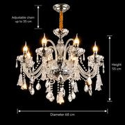 Candelabru Cristal 6xE14, D68cm, Argintiu, Inaltime Reglabila, Metal si Cristal