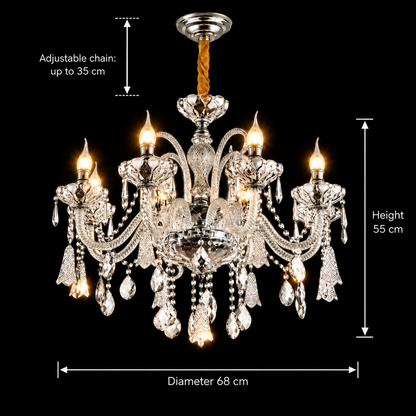 Candelabru Cristal 6xE14, D68cm, Argintiu, Inaltime Reglabila, Metal si Cristal