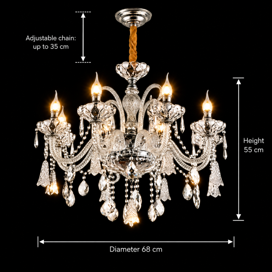 Candelabru Cristal 6xE14, D68cm, Argintiu, Inaltime Reglabila, Metal si Cristal