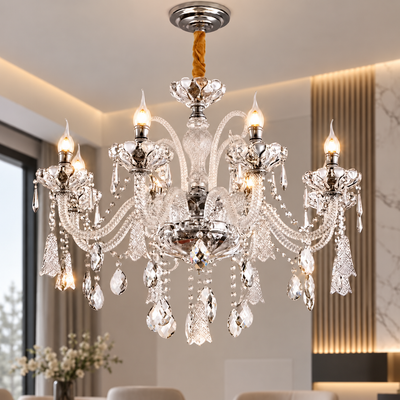 Candelabru Cristal 8xE14, D78cm, Argintiu, Inaltime Reglabila, Metal si Cristal