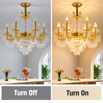 Candelabru Cristal 9xE14, D68cm, Auriu Lucios, Inaltime Reglabila, Metal si Cristal