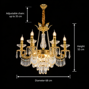 Candelabru Cristal 9xE14, D68cm, Auriu Lucios, Inaltime Reglabila, Metal si Cristal
