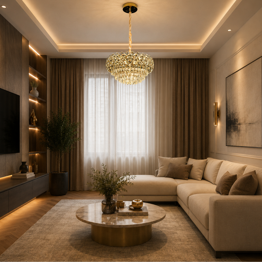 Candelabru Cristal BANO Eleganza, 60W, 7xE14, Lumina Rece/Calda/Neutra, Inaltime Reglabila, Metal si Cristal, Auriu