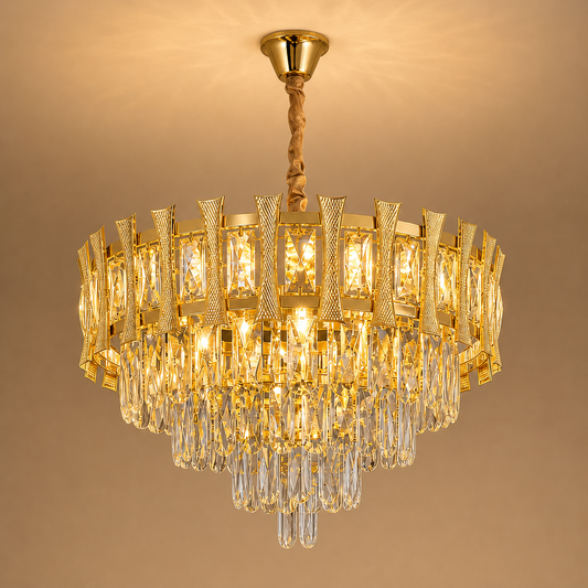 Candelabru Cristal HAMPTON Eleganza 8x E14, Diametru 49cm, Auriu Lucios, Inaltime Reglabila