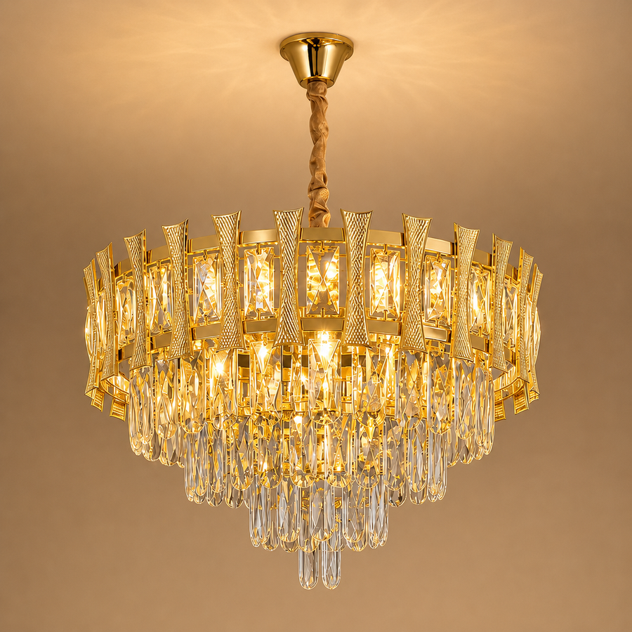 Candelabru Cristal HAMPTON Eleganza 8x E14, Diametru 49cm, Auriu Lucios, Inaltime Reglabila