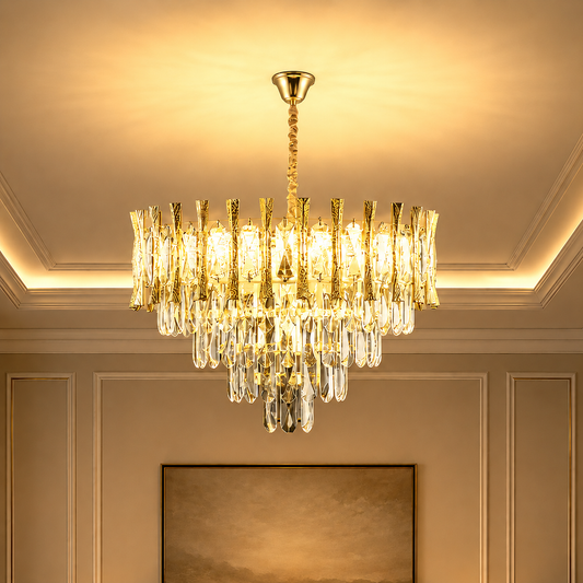 Candelabru Cristal HAMPTON Nobile 5xE14, Diametru 40cm, Auriu Lucios, Inaltime Reglabila