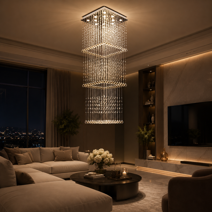 Candelabru Cristal LED 80W PALATINA Auriu, Diametru 50cm, Inaltime 200cm, Model Scara