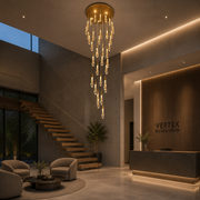 Candelabru Cristal LED Suspendat, 39W, Iustinian, Diametru 60cm, Inaltime Reglabila, Auriu, Metal si Cristal