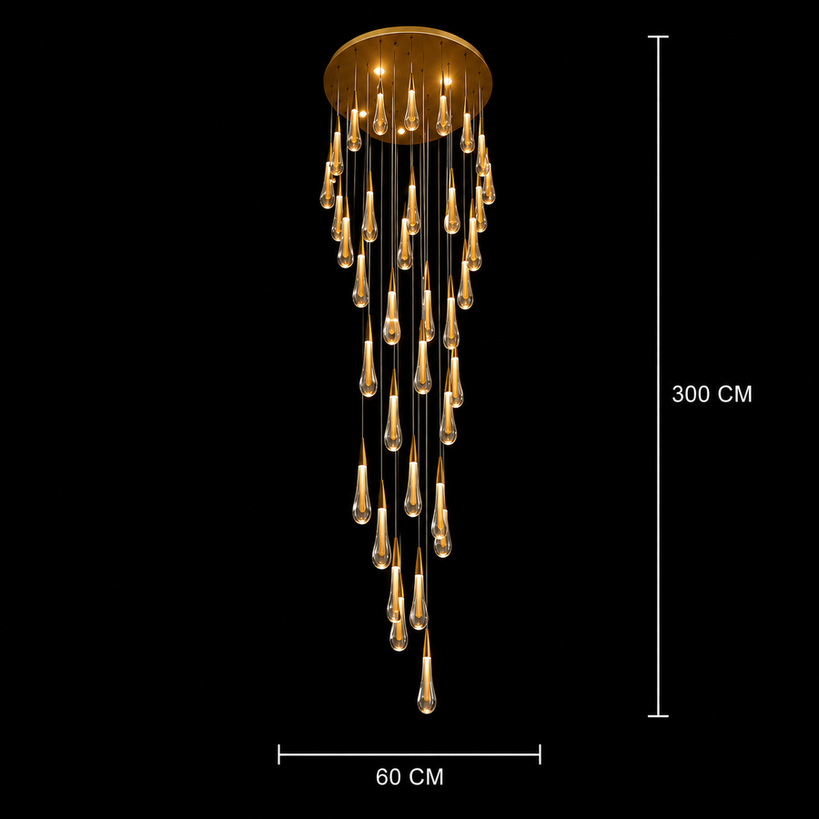 Candelabru Cristal LED Suspendat, 39W, Iustinian, Diametru 60cm, Inaltime Reglabila, Auriu, Metal si Cristal