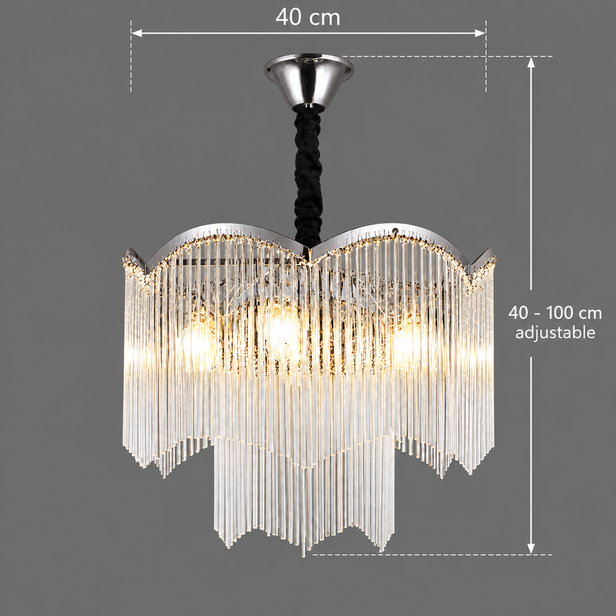 Candelabru Cristal MEKELLE Nobile, 6x E14, Diametru 40cm, Metal si Cristal, Crom Lucios, Inaltime Reglabila