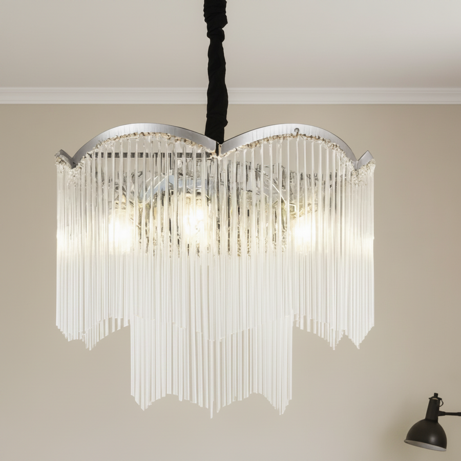 Candelabru Cristal MEKELLE Regalis, 18x E14, Diametru 80cm, Metal si Cristal, Crom Lucios, Inaltime Reglabila