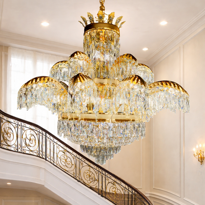 Candelabru Cristal PALACE Supremo 30xG9 + 11xE14, D115cm, Auriu Lucios, Inaltime Reglabila, Metal si Cristal