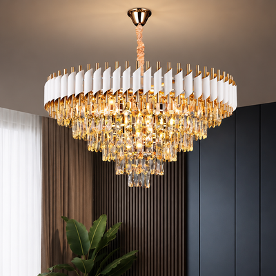 Candelabru Cristal VERSAILLES Supremo 12xE14, Diametru 80cm, Auriu Lucios si Alb, Inaltime Reglabila