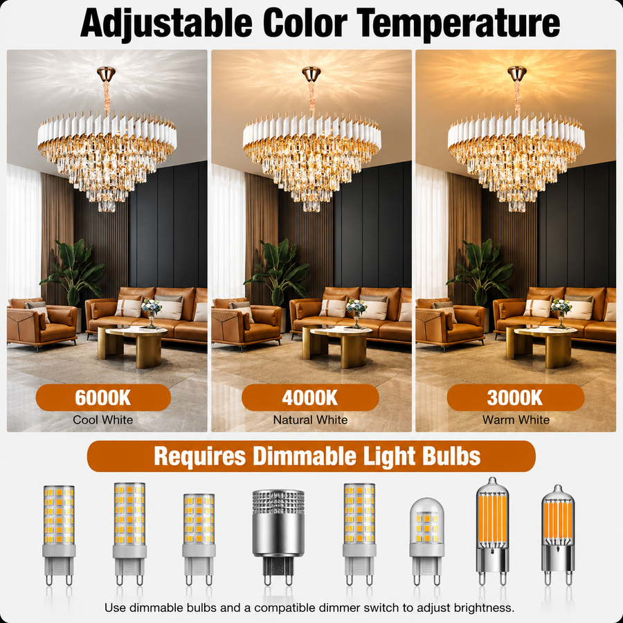 Candelabru Cristal VERSAILLES Supremo 12xE14, Diametru 80cm, Auriu Lucios si Alb, Inaltime Reglabila
