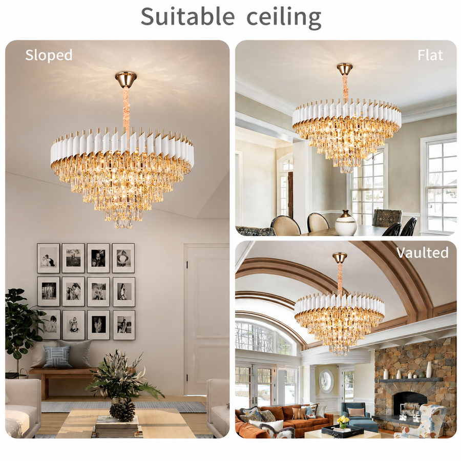 Candelabru Cristal VERSAILLES Supremo 12xE14, Diametru 80cm, Auriu Lucios si Alb, Inaltime Reglabila