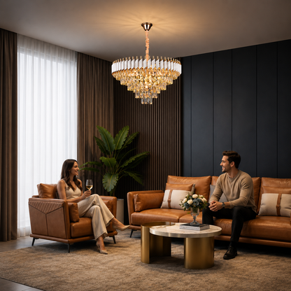 Candelabru Cristal VERSAILLES Supremo 12xE14, Diametru 80cm, Auriu Lucios si Alb, Inaltime Reglabila