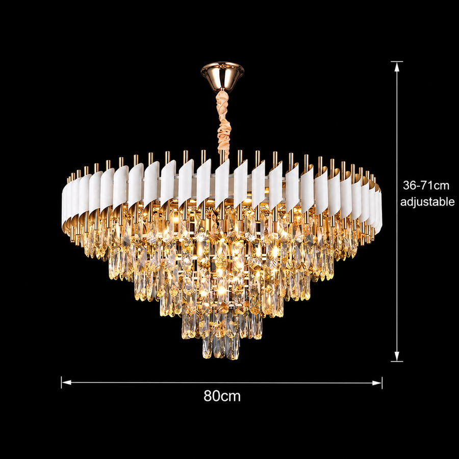 Candelabru Cristal VERSAILLES Supremo 12xE14, Diametru 80cm, Auriu Lucios si Alb, Inaltime Reglabila