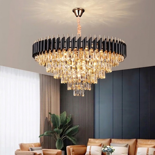 Candelabru Cristal VERSAILLES Supremo 12xE14, Diametru 80cm, Auriu Lucios si Negru, Inaltime Reglabila