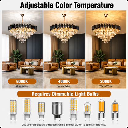 Candelabru Cristal VERSAILLES Supremo 12xE14, Diametru 80cm, Auriu Lucios si Negru, Inaltime Reglabila