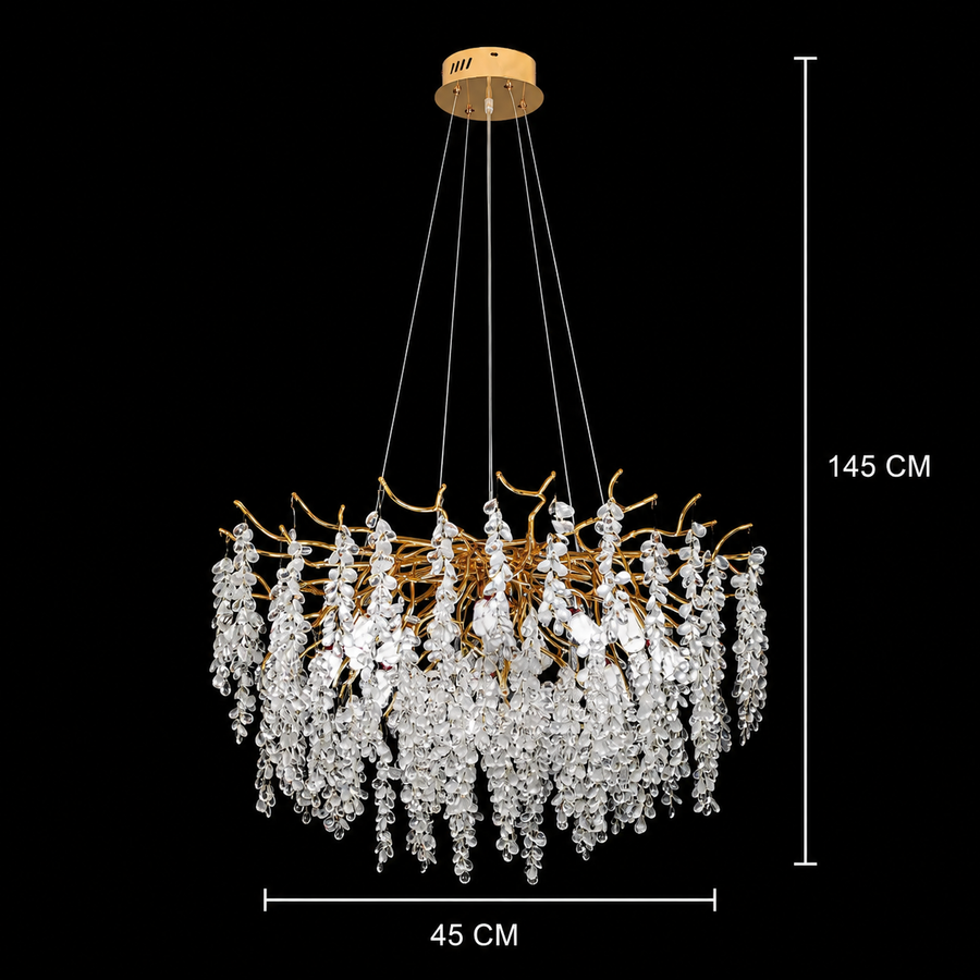 Candelabru Cristal WALTZ Cascade, 6xG9, Auriu, diametru 45cm, Inaltime Reglabila