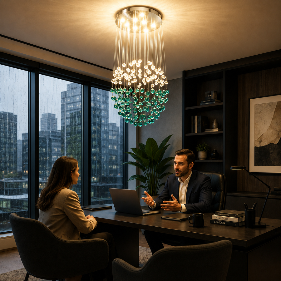 Candelabru LED Cristal OSKEMEN Magno, 56W, Lumina Rece/Calda/Neutra, Metal si Sticla, Verde