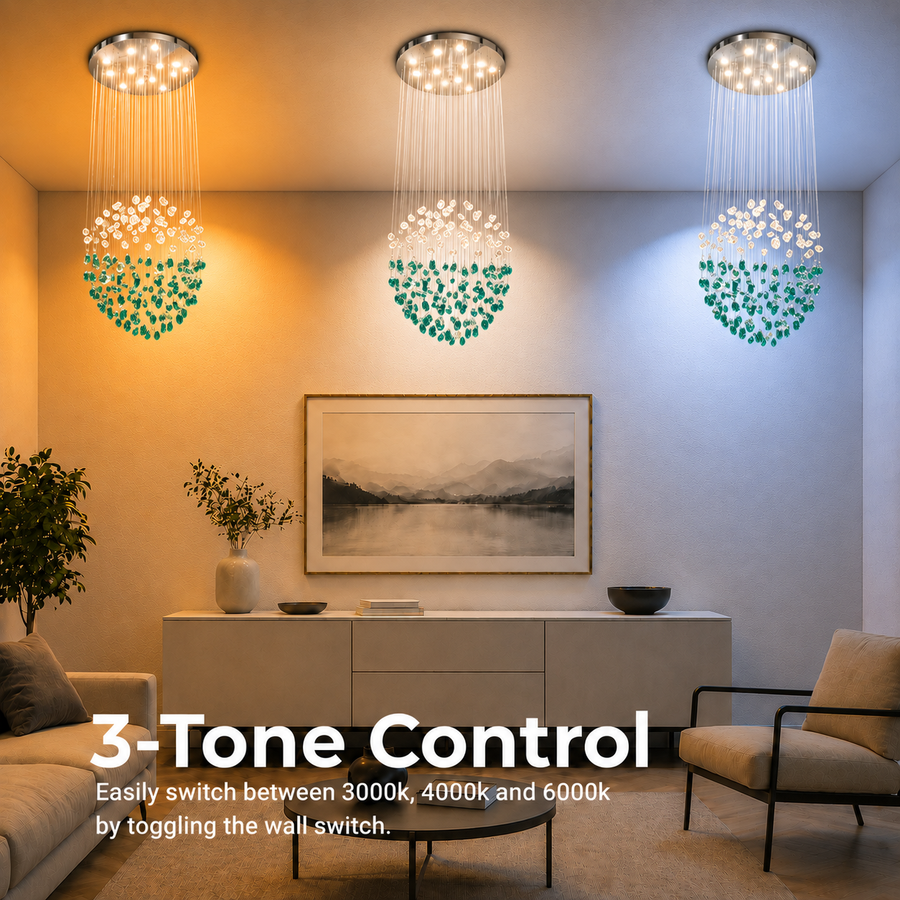 Candelabru LED Cristal OSKEMEN Supremo, 63W, Lumina Rece/Calda/Neutra, Metal si Sticla, Verde