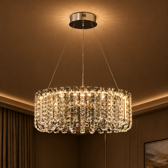 Candelabru LED Cristal TURKMENABAT Magno, Ø58cm, 35W, Lumina Rece/Calda/Neutra, Metal si Cristal, Crom Lucios, Inaltime Reglabila