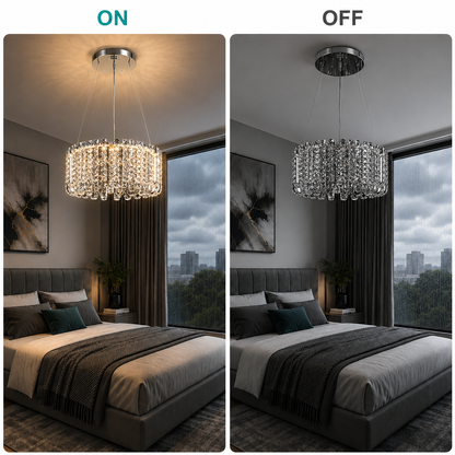 Candelabru LED Cristal TURKMENABAT Magno, Ø58cm, 35W, Lumina Rece/Calda/Neutra, Metal si Cristal, Crom Lucios, Inaltime Reglabila