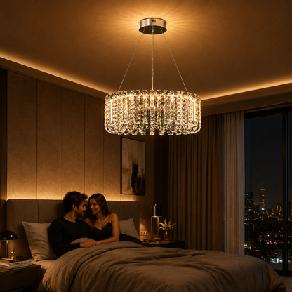 Candelabru LED Cristal TURKMENABAT Magno, Ø58cm, 35W, Lumina Rece/Calda/Neutra, Metal si Cristal, Crom Lucios, Inaltime Reglabila