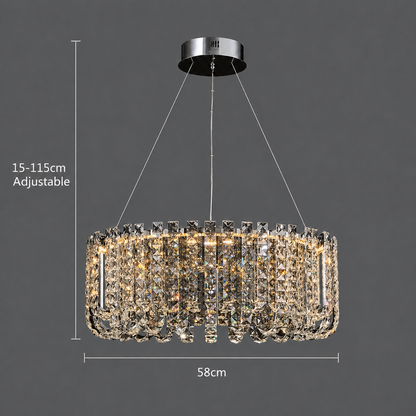 Candelabru LED Cristal TURKMENABAT Magno, Ø58cm, 35W, Lumina Rece/Calda/Neutra, Metal si Cristal, Crom Lucios, Inaltime Reglabila