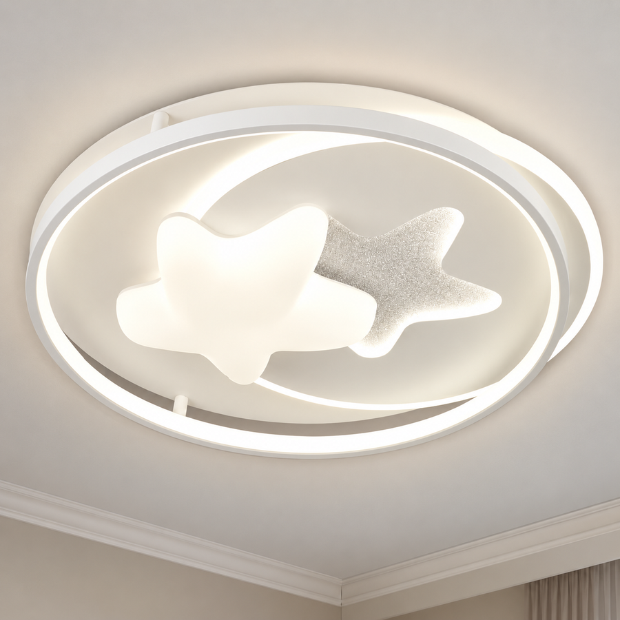 Lustra LED cu telecomanda ISTARAVSHAN, Forma Corpuri Ceresti, 87W, lumina Rece/Calda/Neutra, Dimabila, Alb