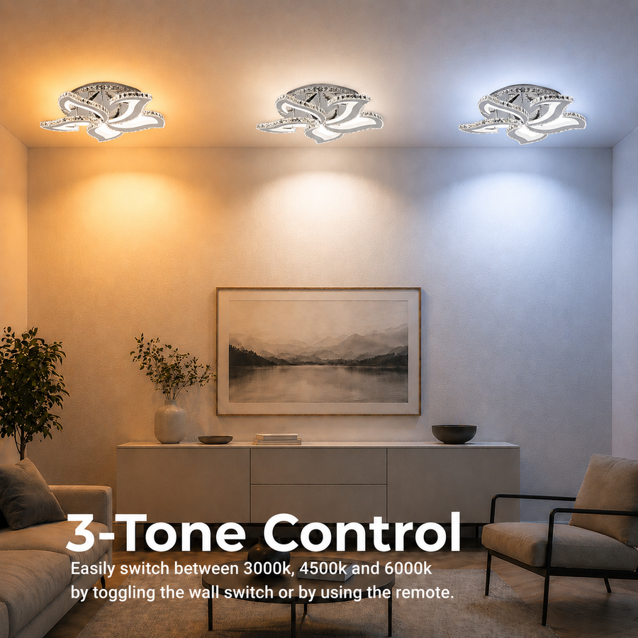 Lustra LED cu telecomanda si cristal Alejandro RGB 88W, 5 Flori, lumina Rece/Calda/Neutra, Dimabila, Crom Lucios