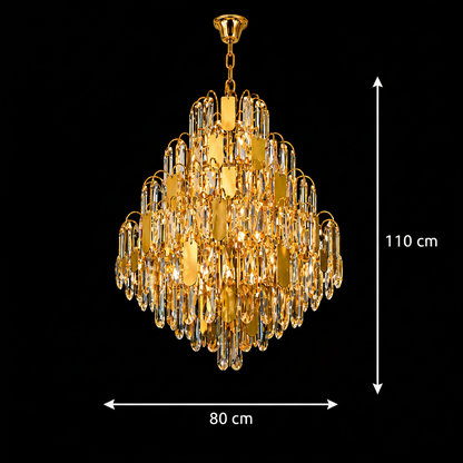 Candelabru Cristal TIER Regalis 21xE14, D80 cm, Auriu, Inaltime Reglabila, Metal si Cristal