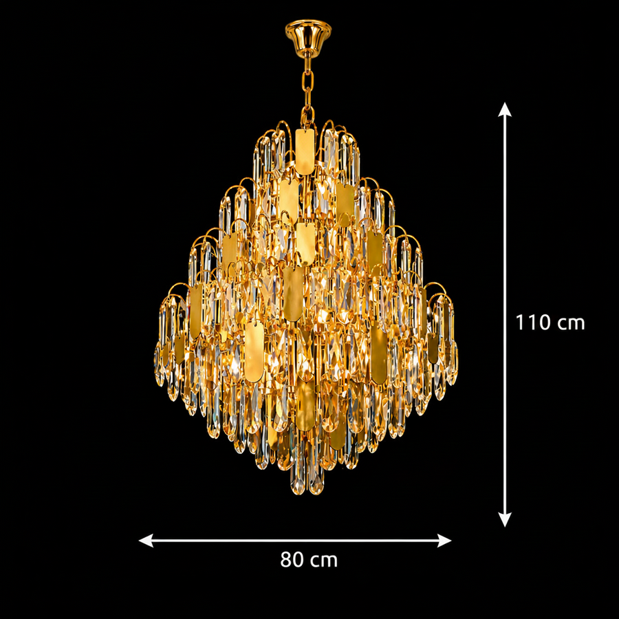 Candelabru Cristal TIER Regalis 21xE14, D80 cm, Auriu, Inaltime Reglabila, Metal si Cristal