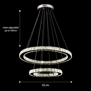 Lustra LED cu telecomanda si cristal PRISM LUMINIS 58W, 2 Cercuri, lumina Rece/Calda/Neutra, Dimabila, Argintiu, Inaltime Reglabila