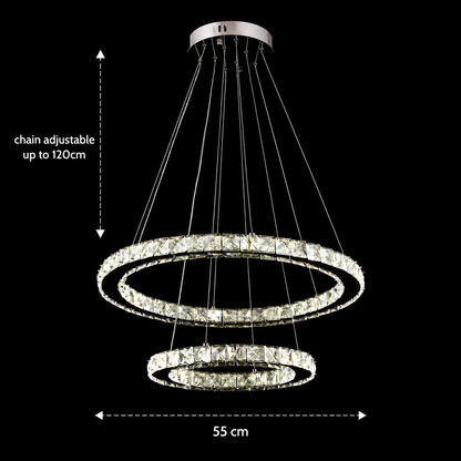 Lustra LED cu telecomanda si cristal PRISM LUMINIS 58W, 2 Cercuri, lumina Rece/Calda/Neutra, Dimabila, Argintiu, Inaltime Reglabila