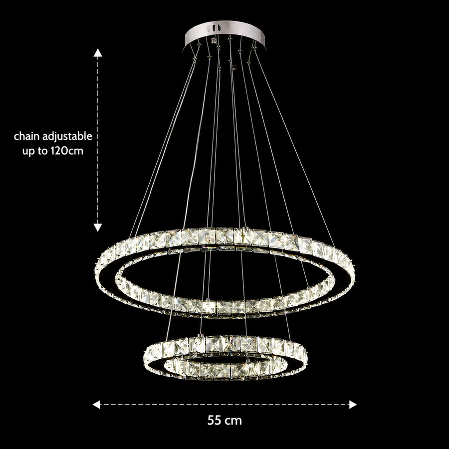 Lustra LED cu telecomanda si cristal PRISM LUMINIS 58W, 2 Cercuri, lumina Rece/Calda/Neutra, Dimabila, Argintiu, Inaltime Reglabila
