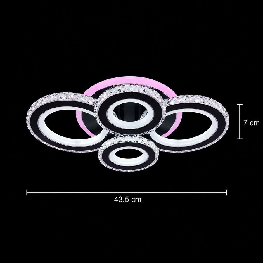 Lustra LED cu telecomanda si cristal NOVA ROTONDA RGB 82W, 4 Cercuri, lumina Rece/Calda/Neutra, Dimabila, Negru