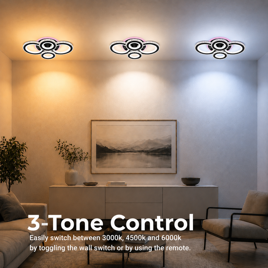 Lustra LED cu telecomanda si cristal NOVA ROTONDA RGB 82W, 4 Cercuri, lumina Rece/Calda/Neutra, Dimabila, Negru