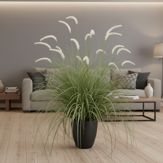 Aranjament Floral, 120cm, Iarbă curbată și Spice, Tip „coadă de vulpe”, Plastic, Verde si Alba