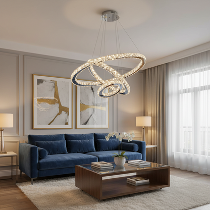 Lustra LED suspendata cu telecomanda si cristal PRISM LUMINIS 79W, 3 Cercuri, lumina Rece/Calda/Neutra, Dimabila, Crom, Inaltime Reglabila