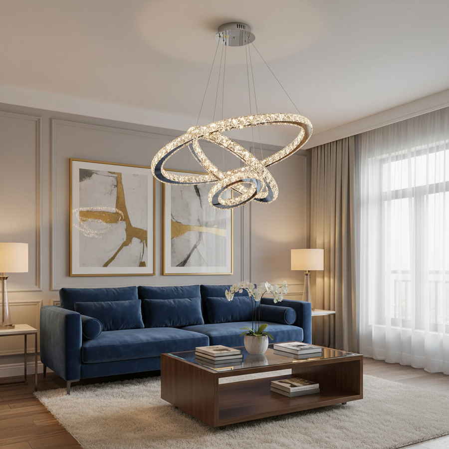 Lustra LED suspendata cu telecomanda si cristal PRISM LUMINIS 79W, 3 Cercuri, lumina Rece/Calda/Neutra, Dimabila, Crom, Inaltime Reglabila