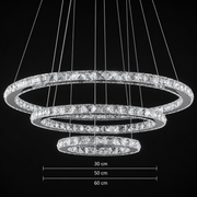 Lustra LED suspendata cu telecomanda si cristal PRISM LUMINIS 79W, 3 Cercuri, lumina Rece/Calda/Neutra, Dimabila, Crom, Inaltime Reglabila