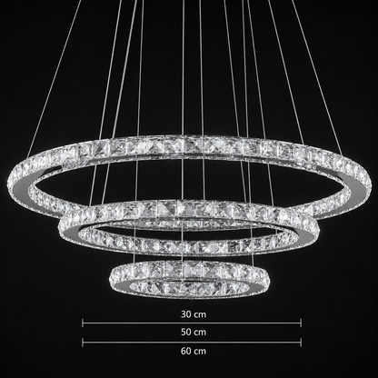 Lustra LED suspendata cu telecomanda si cristal PRISM LUMINIS 79W, 3 Cercuri, lumina Rece/Calda/Neutra, Dimabila, Crom, Inaltime Reglabila