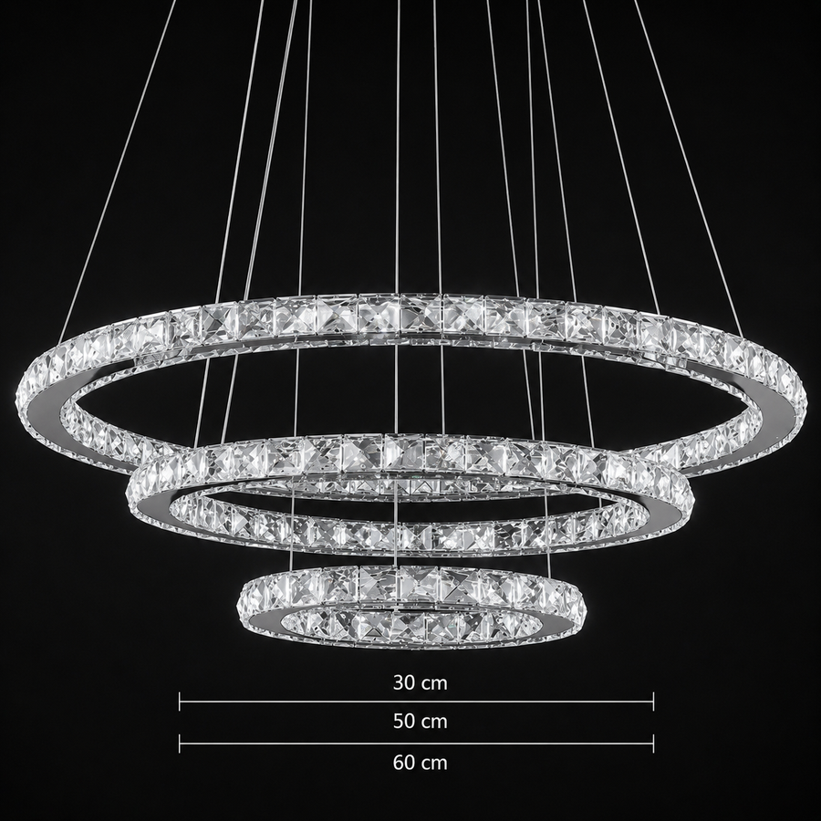 Lustra LED suspendata cu telecomanda si cristal PRISM LUMINIS 79W, 3 Cercuri, lumina Rece/Calda/Neutra, Dimabila, Crom, Inaltime Reglabila