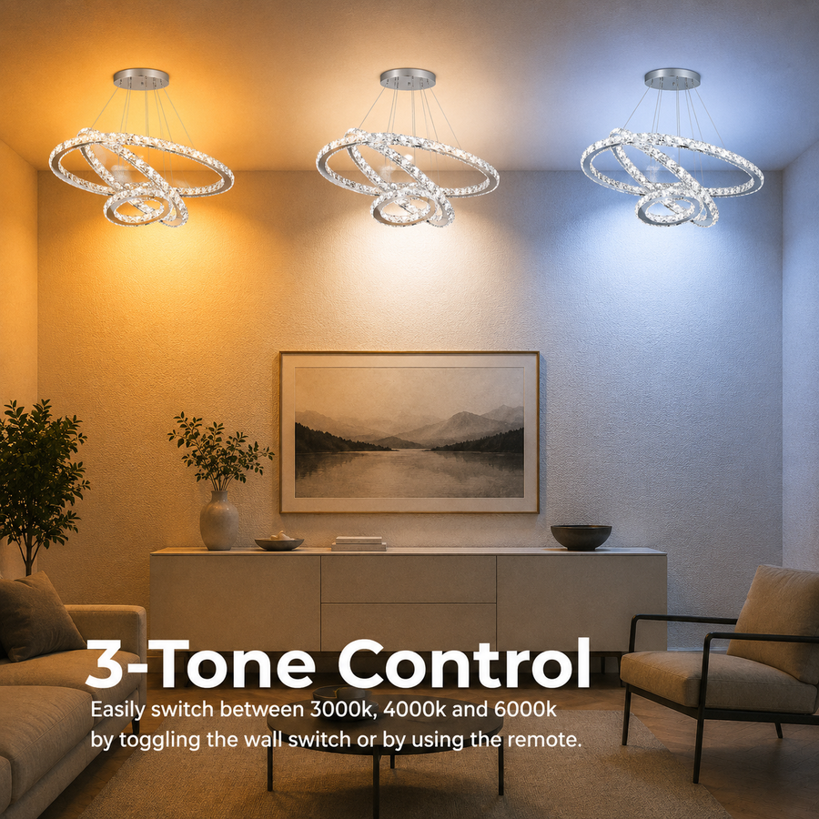 Lustra LED suspendata cu telecomanda si cristal PRISM LUMINIS 79W, 3 Cercuri, lumina Rece/Calda/Neutra, Dimabila, Crom, Inaltime Reglabila